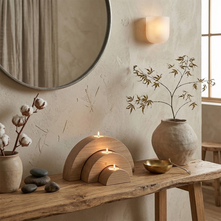 Wooden Half-Circular Oak Candlesticks