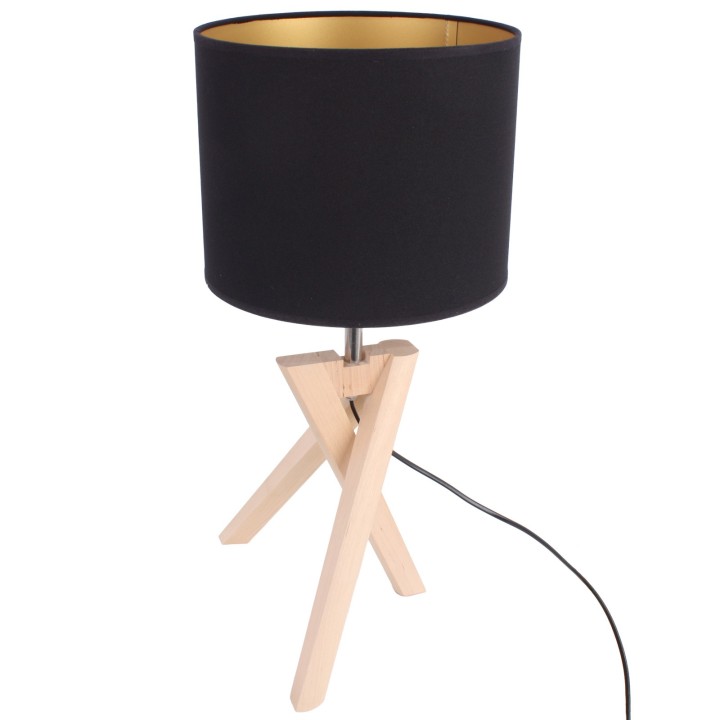 Tripod table lamp, alder wood, black and gold lampshade