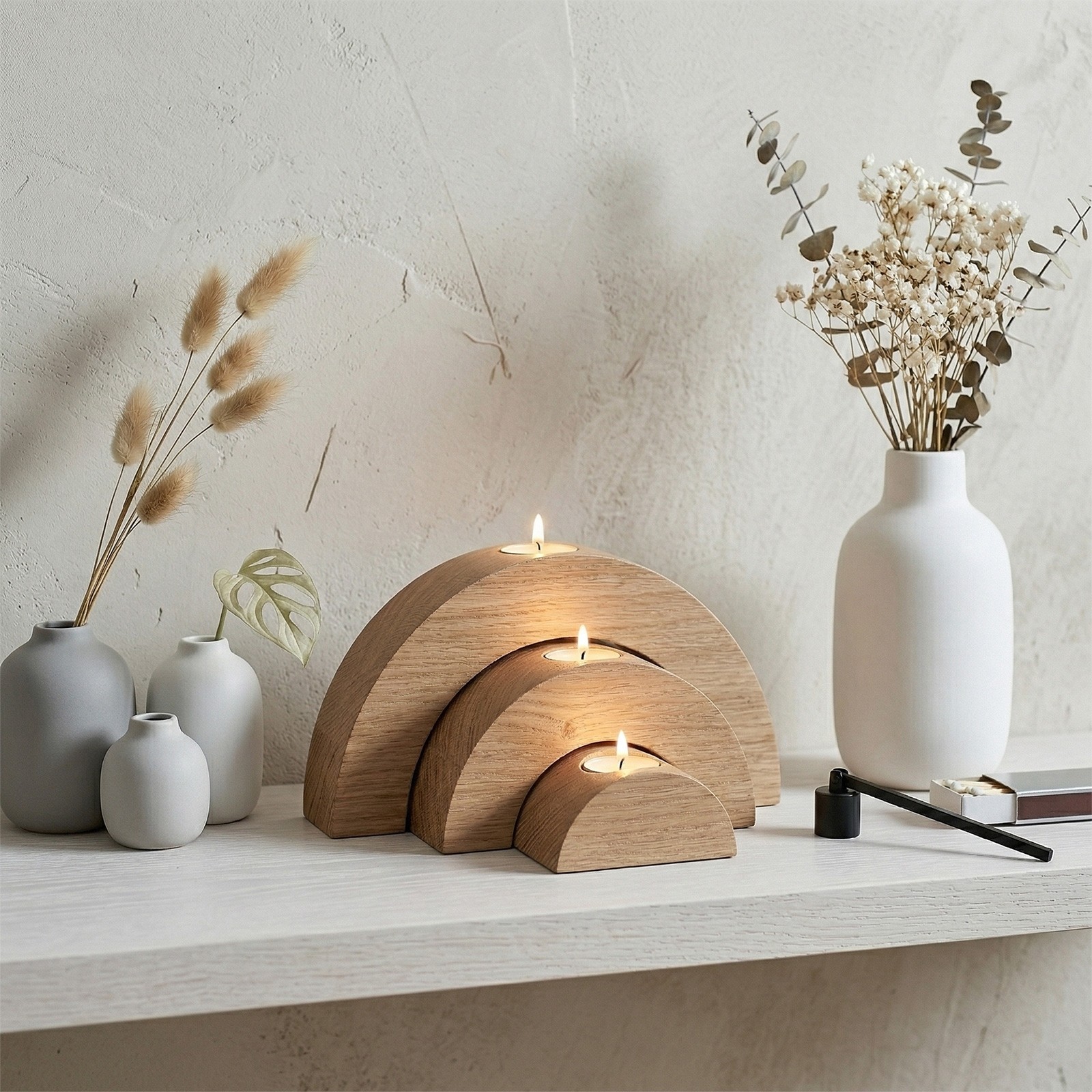 Wooden Half-Circular Oak Candlesticks