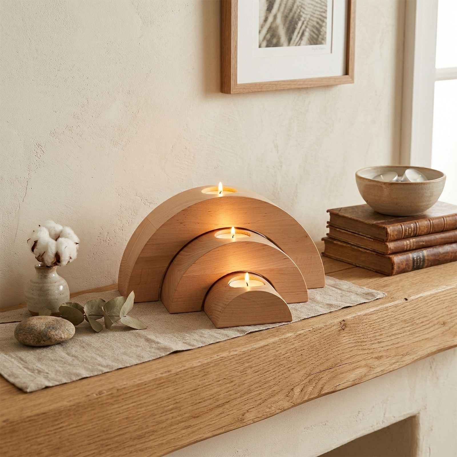 Wooden Semi-Circular Candlesticks Made of Alder
