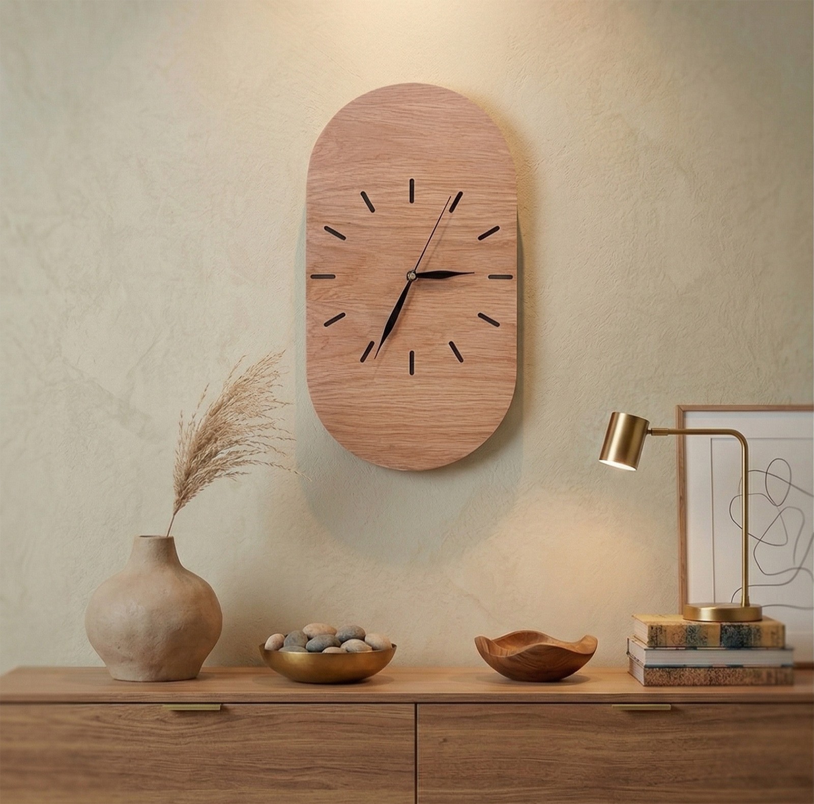 Oval clock made of oak plywood